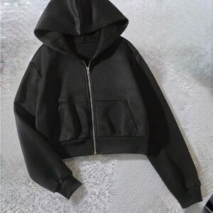 Black Zip-Up Cropped Hoodie Jacket